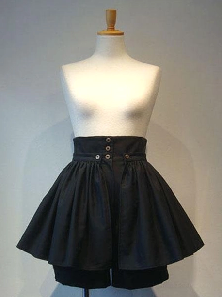 Black gothic lolita detachable culottes front view with metallic buttons and pleated flared design high-waisted silhouette