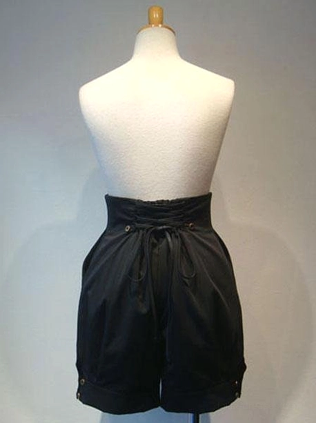 Black gothic lolita shorts back view showing rear lace-up details and decorative side buttons with tailored cuff