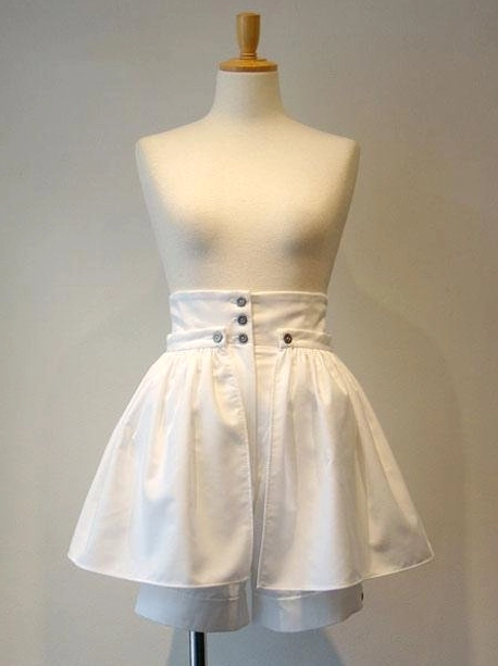 White gothic lolita detachable culottes front view alternative colorway with metallic buttons and pleated design