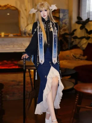 Dark navy gothic lolita ensemble front view with wing hair accessory white heels and gradient blue scarves coordinated styling