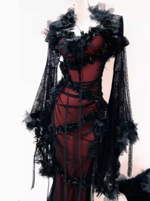 Gothic dark rose floral lace lolita JSK midi dress with 3D black flowers and bell sleeves wine red bodycon silhouette front view