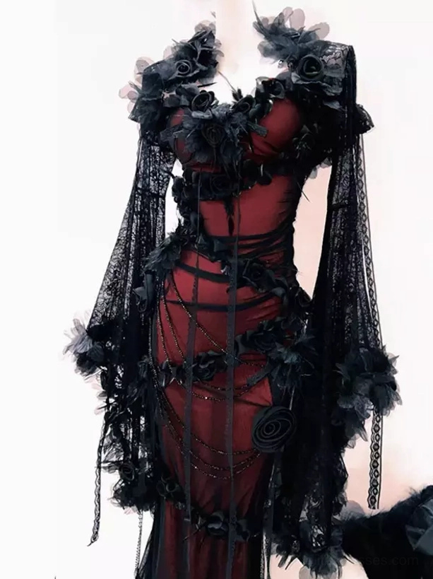 Gothic dark rose floral lace lolita JSK midi dress with 3D black flowers and bell sleeves wine red bodycon silhouette front view
