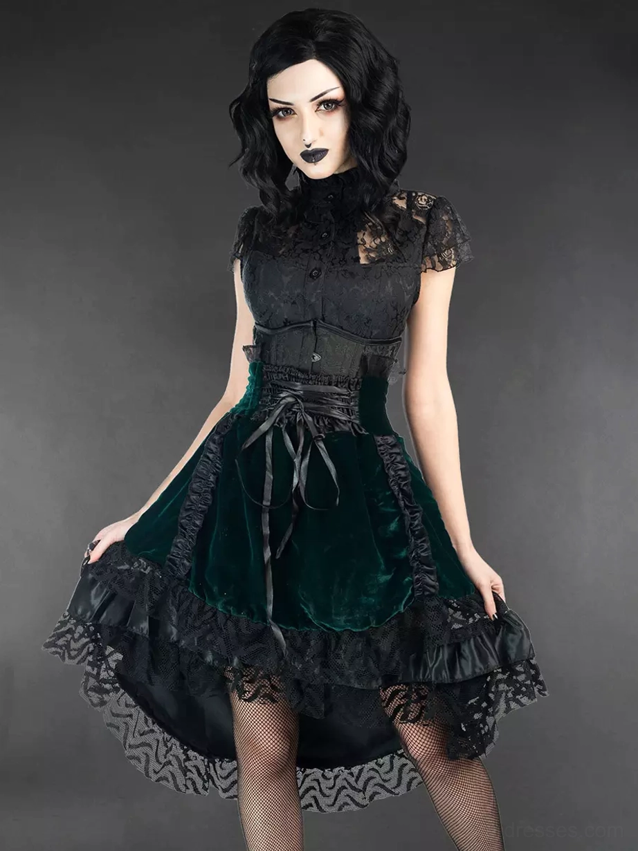 Gothic Lolita outfit dark green velvet skirt black lace ruffles lace-up corset waist fishnet tights full view