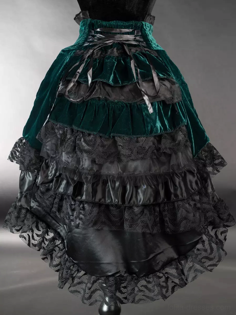Gothic Lolita dark green velvet layers black lace ruffles lace-up back design dress form front display
