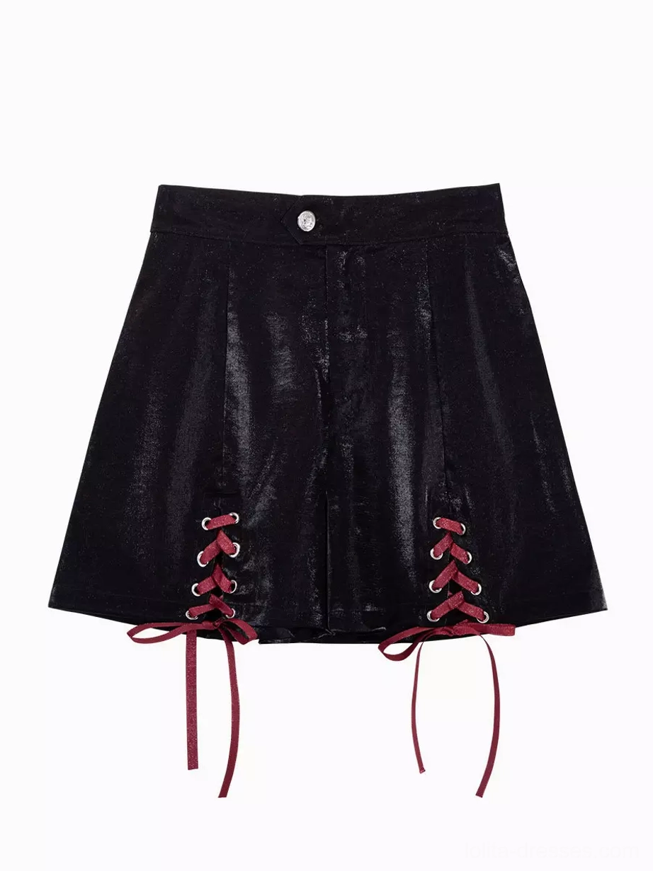 Gothic lolita dress asymmetrical hemline detail with wine red and black velvet paneling and high-low design