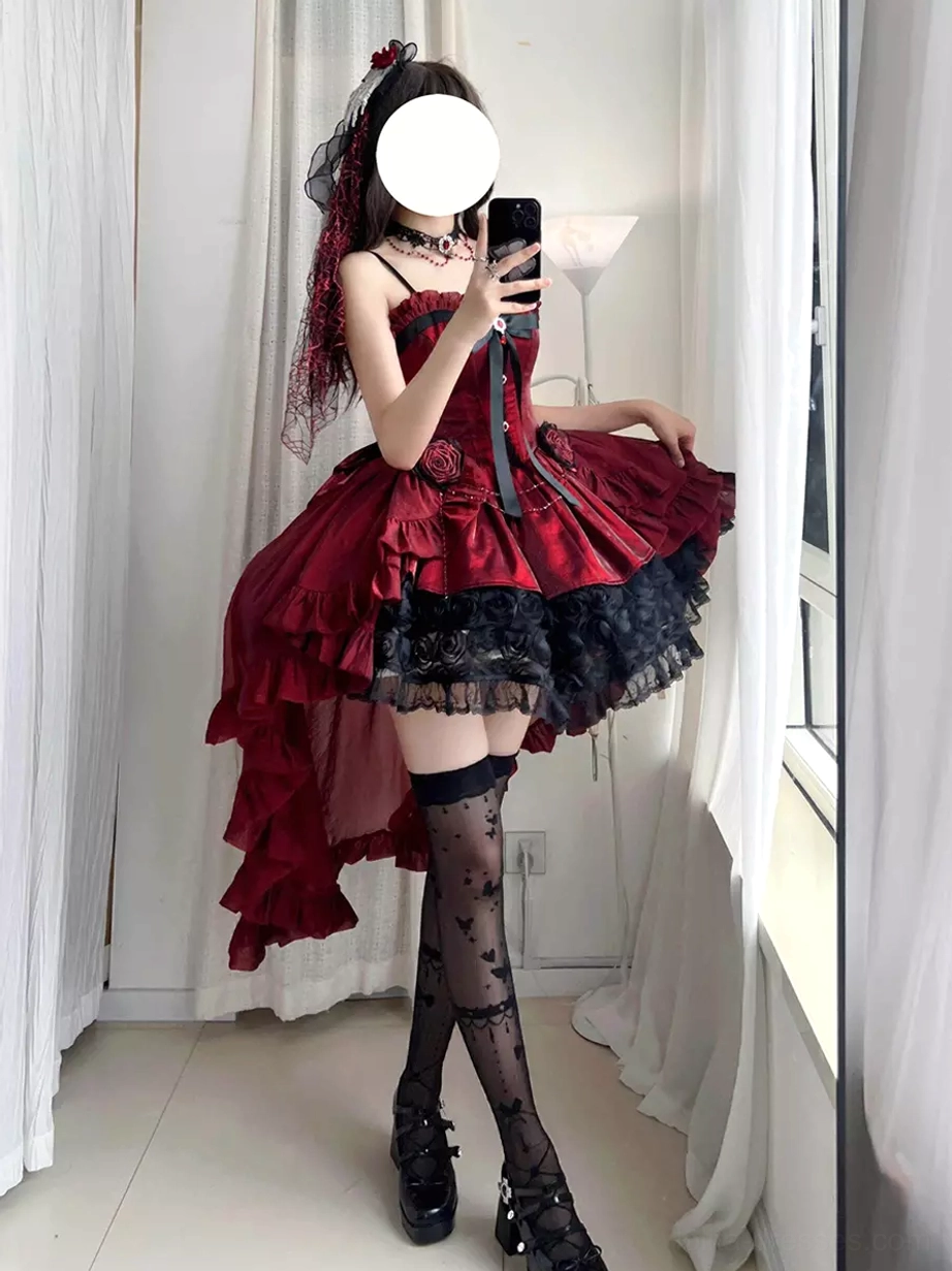 Gothic lolita dress back three-quarter view high-low train skirt dotted thigh-high stockings window