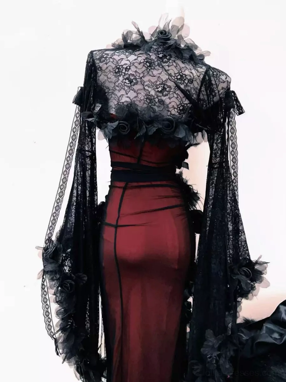Back view of gothic lolita midi dress showcasing sheer lace back design fitted wine red skirt and black floral sleeve trims