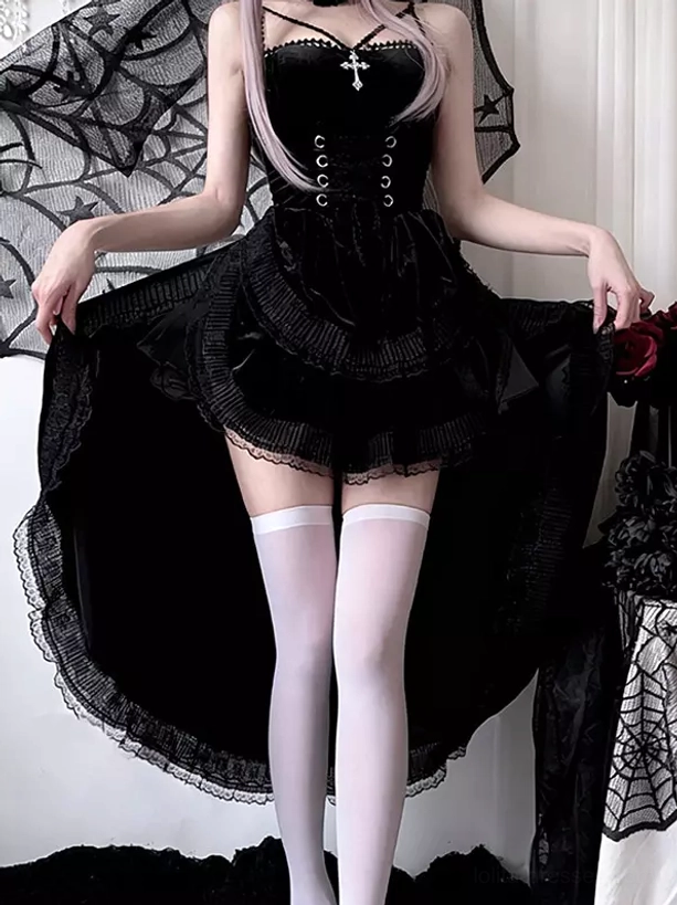 Gothic lolita corset dress skirt detail displaying multi-layered black lace ruffles and wine red velvet base structure