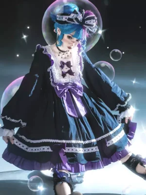Gothic lolita dress black base with purple double bows and white lace ruffles front view cosplay styling