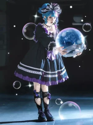 Gothic lolita one-piece dress side view black purple layered ruffled hem lace trim elegant silhouette