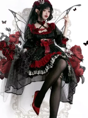 Gothic lolita dress high angle overhead shot showing layered tulle skirt with lace flower waist decoration