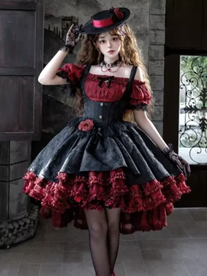 Black and red off-shoulder gothic lolita dress with corset bodice, tiered ruffled high-low hem, and puff sleeves, styled with matching accessories and red rose decorations
