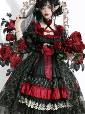 Black and red gothic lolita dress full body front view with ruffled lace trim and bow details on model