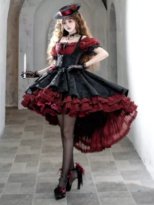 Black and red off-shoulder gothic lolita dress three-quarter side angle, showing asymmetrical ruffled high-low skirt, puff sleeves, vintage hallway setting