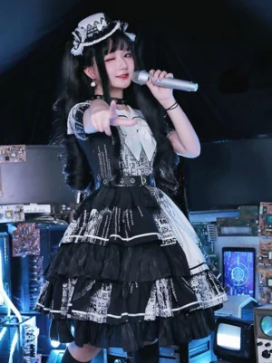 Gothic Lolita short sleeve black dress full body modeling shot newspaper print skirt sailor collar white bow accessory