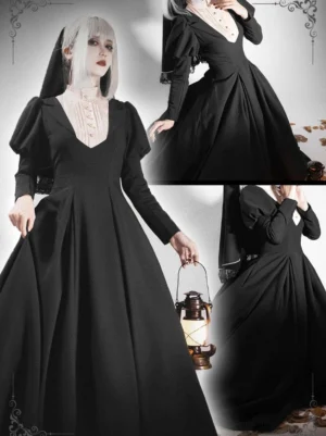 Gothic-inspired lolita dress styled on model, black and white two-tone design, full flare skirt, vintage dark decorative background, black veil accessory