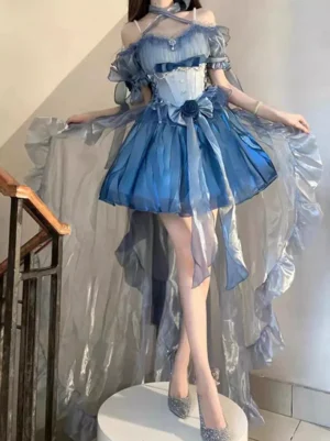 Blue gradient Gothic Lolita prom dress with off-shoulder halter design, shiny tulle high-low train, flower bow decoration, and corset waist detail - front full-body modeling shot