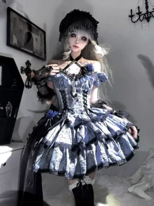 Gothic lolita short dress front view dusty blue jacquard with black lace ruffles puffed sleeves tiered skirt