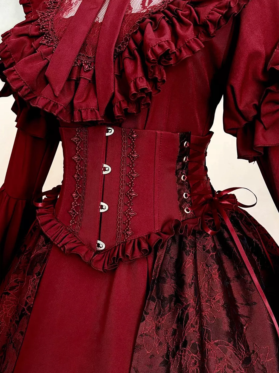 Gothic lolita dress bodice detail close-up wine red ruffled trims lace embroidery buttoned corset