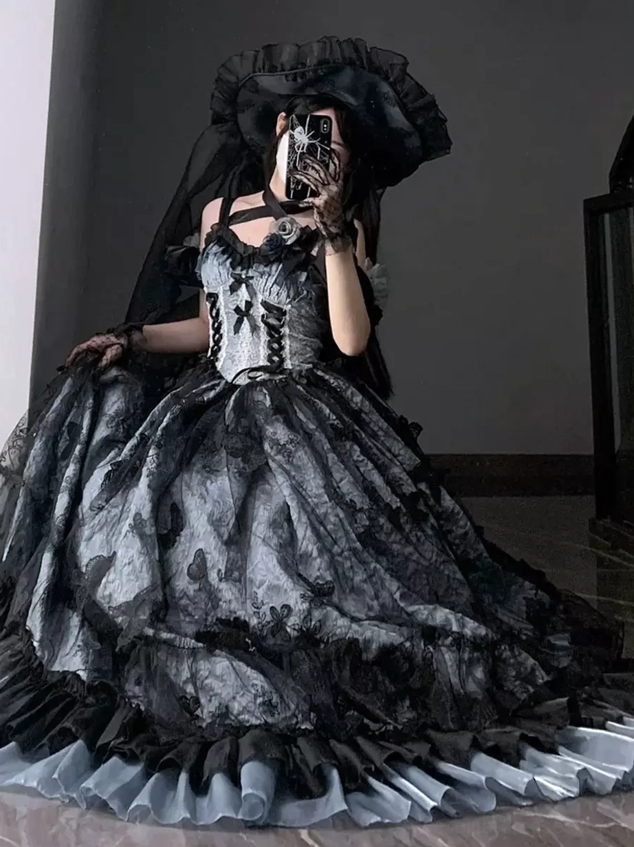 Detailed close-up view of gothic Lolita dress bodice showing corset construction and black lace embellishments