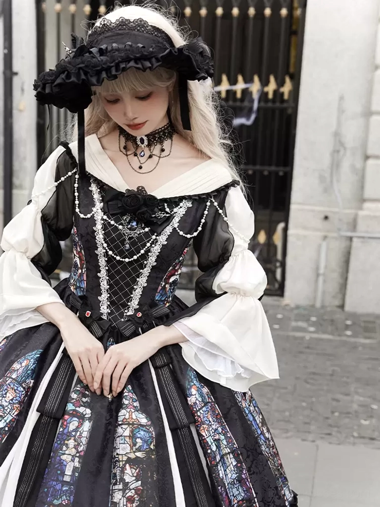 Gothic Lolita dress close-up front view highlighting choker necklace pearl chain bust decoration square lace neckline and stained glass pattern