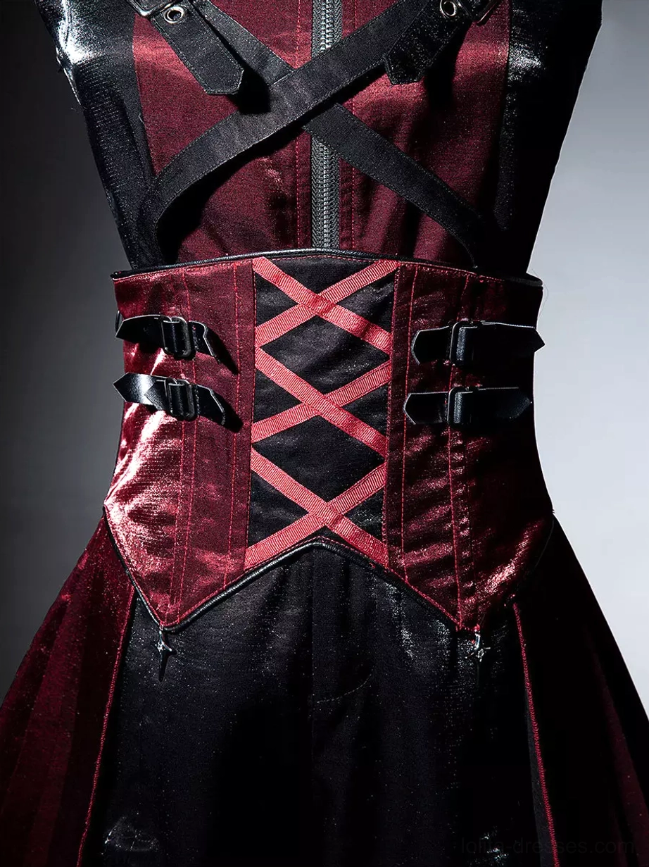 Gothic lolita dress color palette detail wine red and black combination with coordinated shorts and overskirt pieces