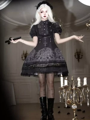 Black gothic lolita dress styled with combat boots and cross-pattern stockings vintage candlelit scene