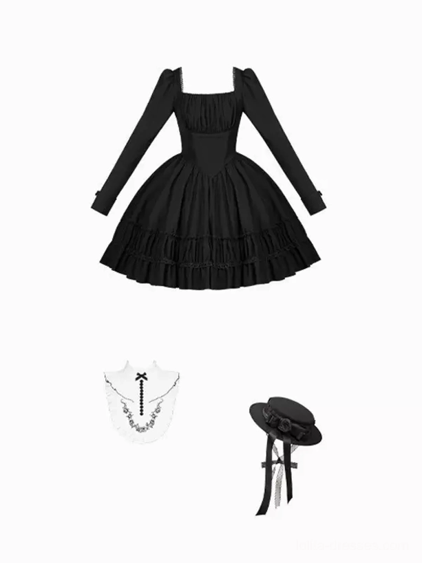 Complete Gothic Lolita dress ensemble flat lay showing square neck dress, detachable white embroidered collar, and coordinating small black bow hat