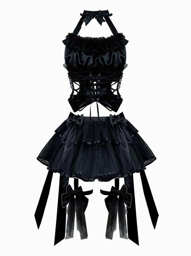 Gothic lolita dress separated components flat lay halter corset tiered skirt bows