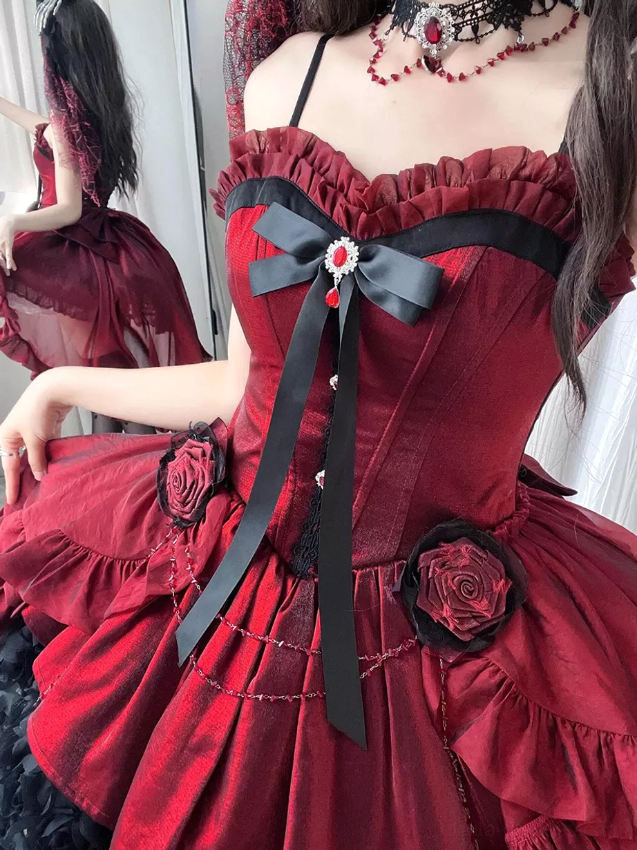 Gothic lolita dress construction details polyester satin black lace ruffles bow embellishments close-up