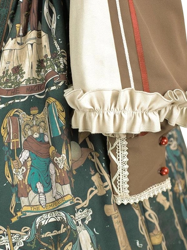 Side partial close-up dark green gothic lolita dress cuff lace-trim ruffled red stripe detail emperor tarot pattern