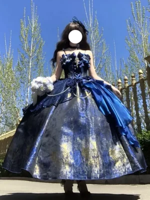 Sleeveless gothic lolita ball gown dark blue gold fabric large side bow bridal bouquet model