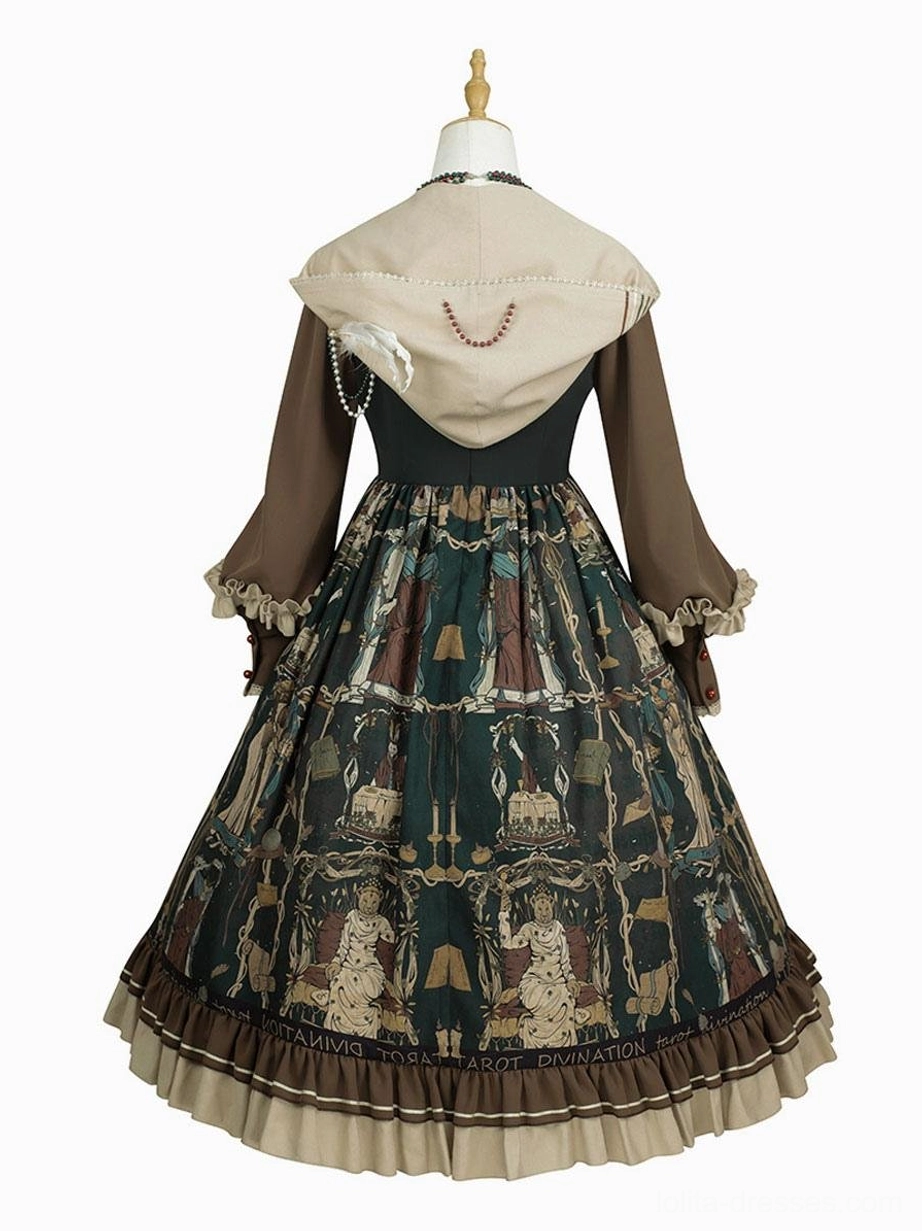 Gothic lolita hooded dress rear back view mannequin pearl necklace hood decoration retro tarot print ruffled hem