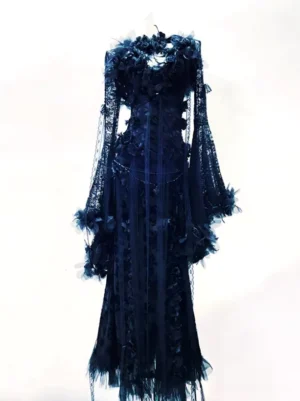 Gothic lolita dress full front view dark navy blue with three-dimensional rose embellishment metal chain waist accent lace-up corset bodice flared sheer lace long sleeves