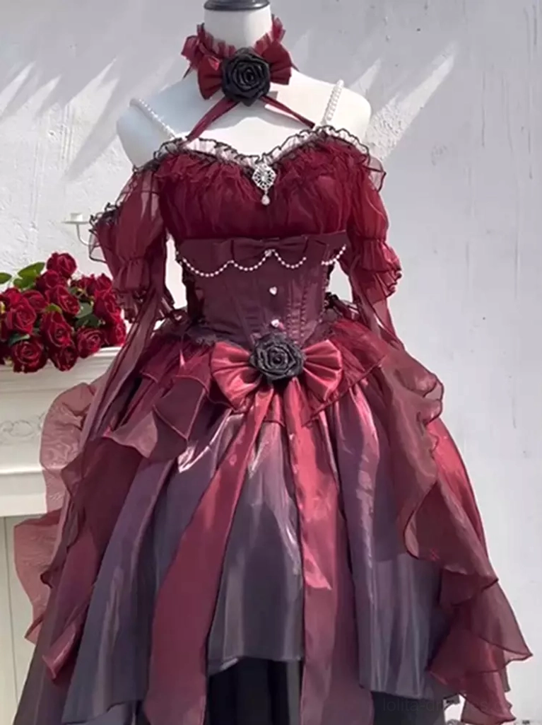 Gothic Lolita dress on dress form displaying front view with halter neck black rose bow, pearl waist trim and fitted corset bodice