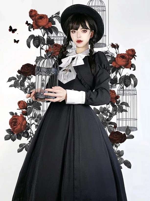 Gothic Lolita dress full-body front view fitted waist classic gothic silhouette white bow collar