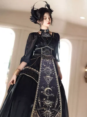 Gothic Lolita cosplay dress front three-quarter angle black satin halter neckline gold celestial prints sheer sleeves flowing design