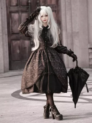Gothic Lolita one-piece dress front three-quarter back angle showcasing buttoned stand collar, layered ruffled underdress, and folded black parasol accessory