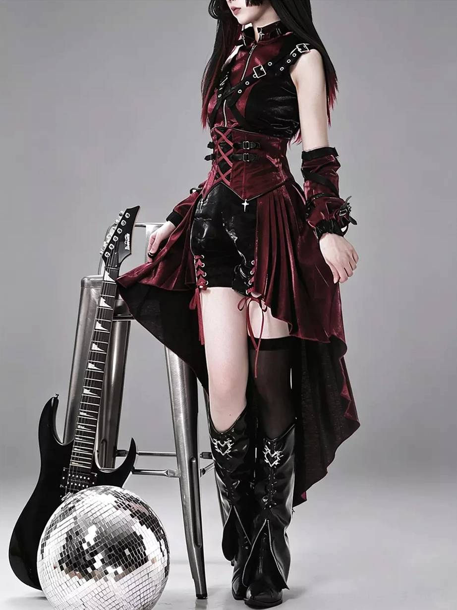 Left side full-body view of gothic lolita dress with front zipper stand collar and matching arm warmers