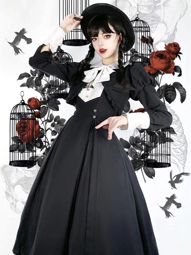 Gothic Lolita dress full-body front view black pleated skirt white ruffled bow collar