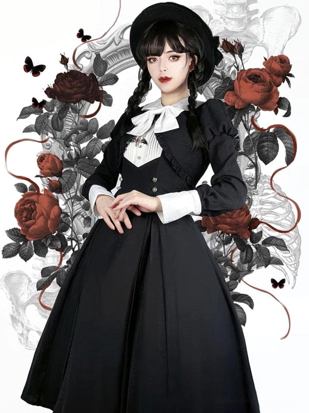 Gothic Lolita dress full-body front view neat pleated long skirt white cuffs front buttons