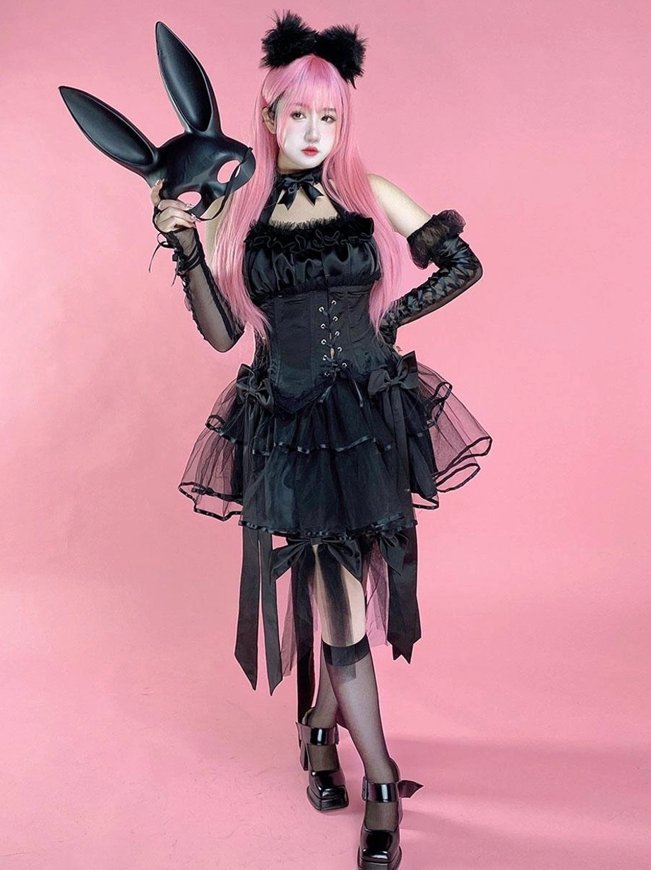 Full length black gothic lolita dress high-low tulle skirt model wearing formal heels
