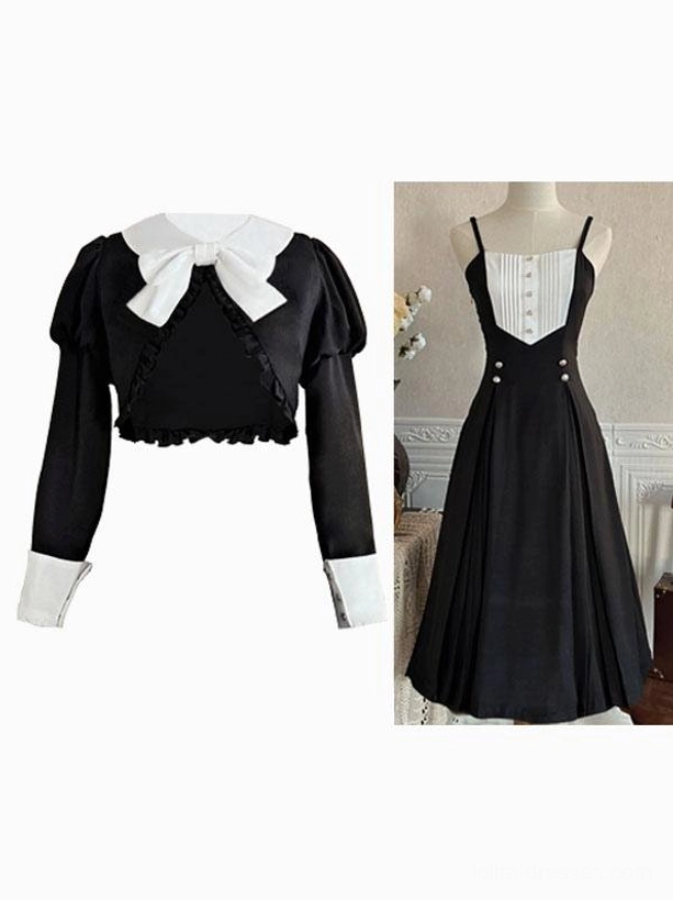 Gothic Lolita dress half-body indoor view pleated long skirt large bow necktie tailored waistline