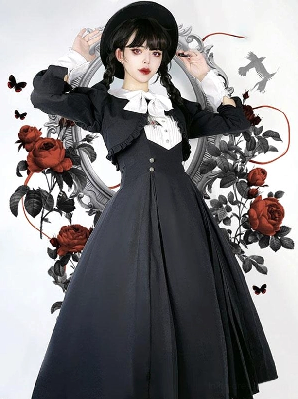 Gothic Lolita dress half-body front view puffed sleeves white collar bow decorative buttons