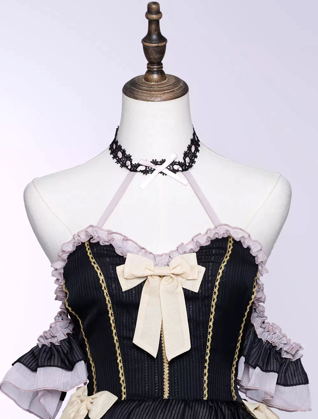 Gothic lolita dress halter neck off-shoulder ruffled cuffs detail close-up construction quality neck design aesthetic