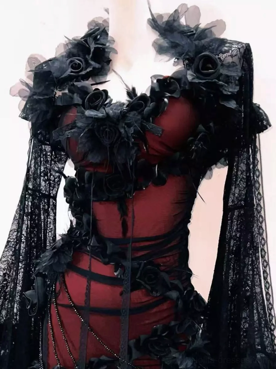 Upper body detail of gothic lolita dress featuring heart-shaped neckline and shoulder 3D black rose flower decorations with long lace sleeves