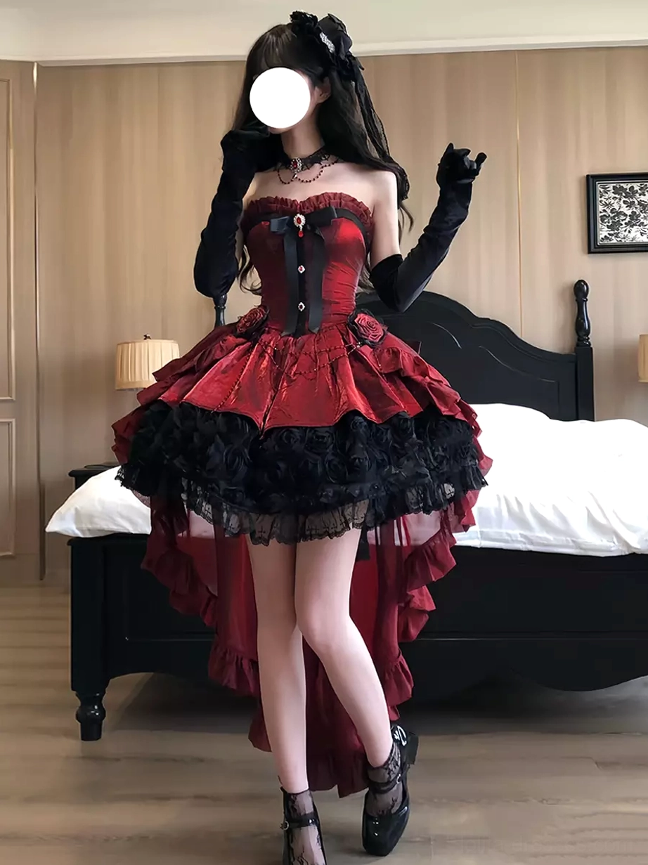 Gothic lolita dress with train high-low hem long black opera gloves dark bedroom standing pose