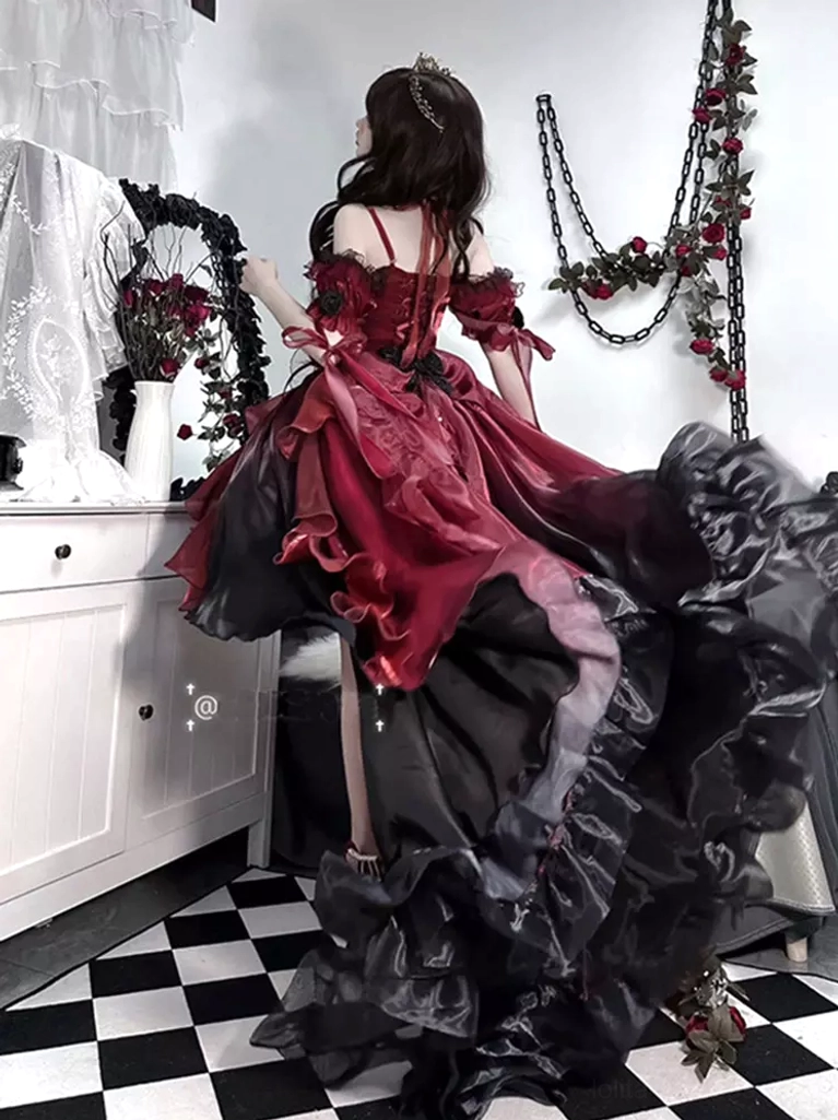 High-low Gothic Lolita dress side-back full view displaying swept trailing skirt, off-shoulder cut and red-black gradient color graduation