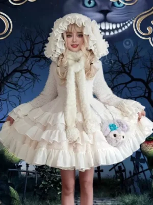Ivory white Gothic Lolita dress full front view ruffled hood cascading tiered skirt fuzzy long sleeves Halloween backdrop