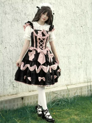 Gothic Lolita sleeveless dress with layered ruffled skirt and lace-up corset design front full body